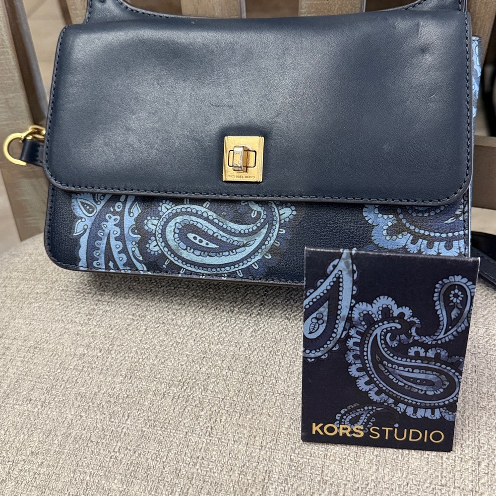 Michael Khors Blue Paisley Leather Bag with Gold Hardware